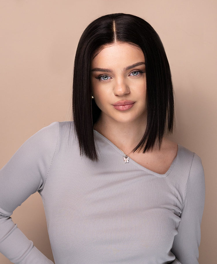 put on & go pre-cut lace bob human wig - 10" natural black.