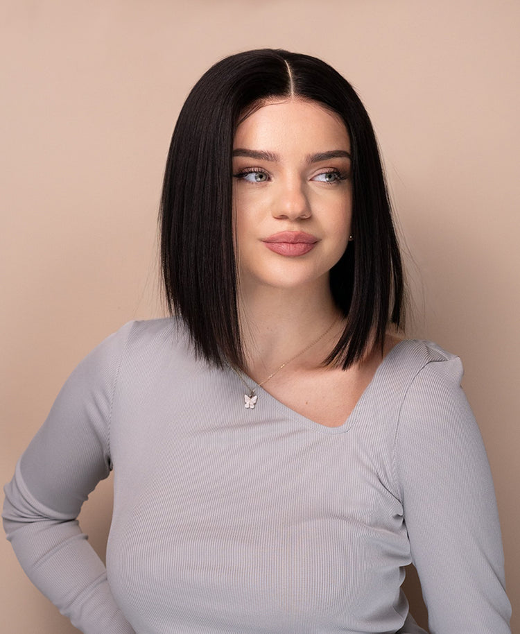 put on & go pre-cut lace bob human wig - 10" natural black.