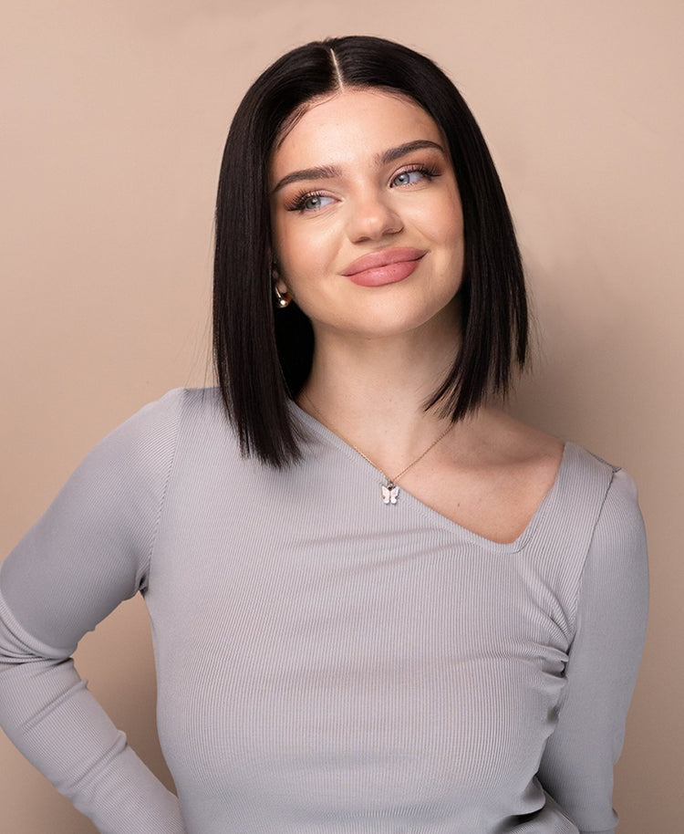 put on & go pre-cut lace bob human wig - 10" natural black.