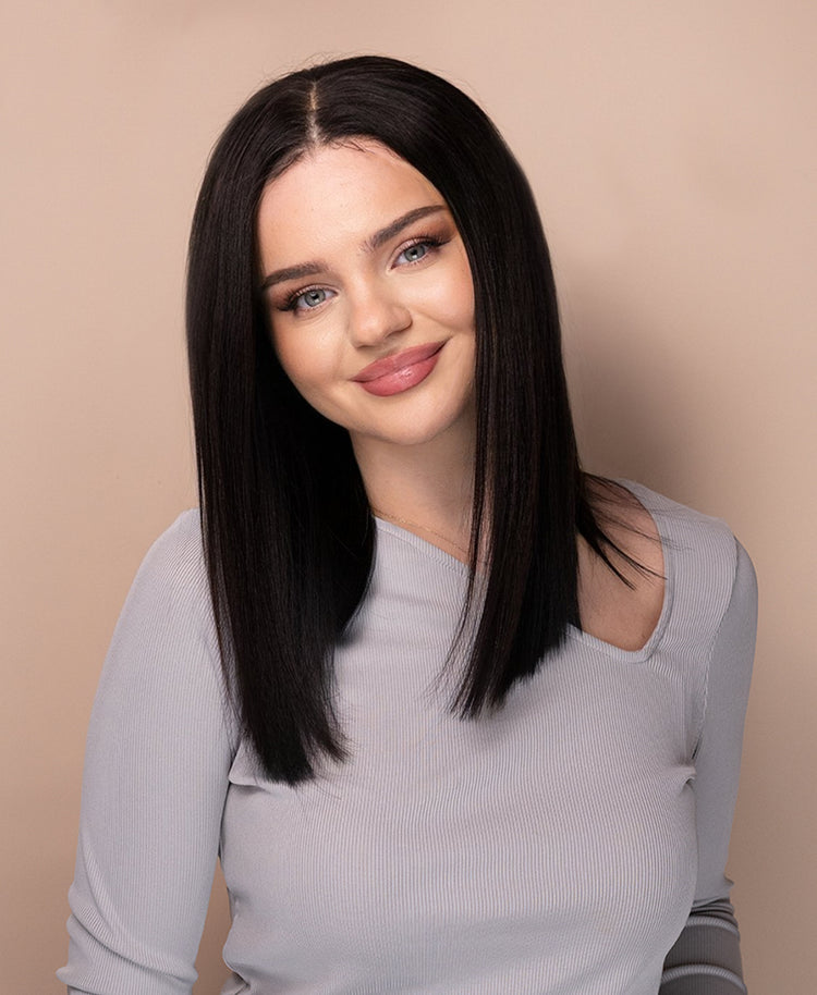 put on & go pre-cut lace long bob human wig - 14" natural black.