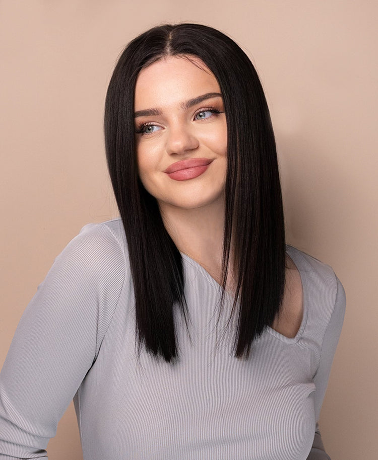 put on & go pre-cut lace long bob human wig - 14" natural black.