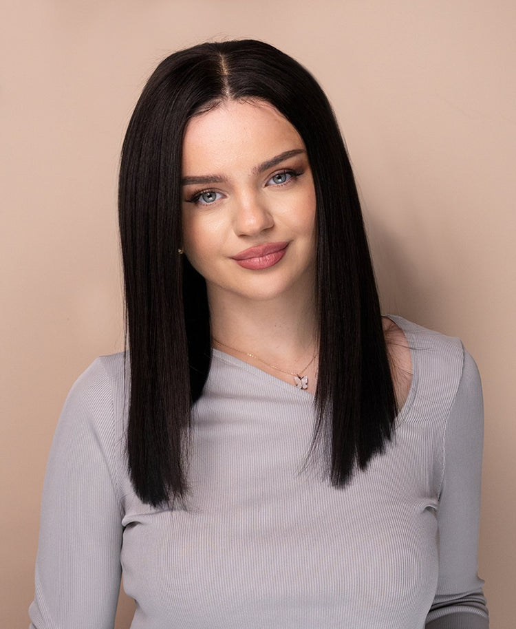 put on & go pre-cut lace long bob human wig - 14" natural black.