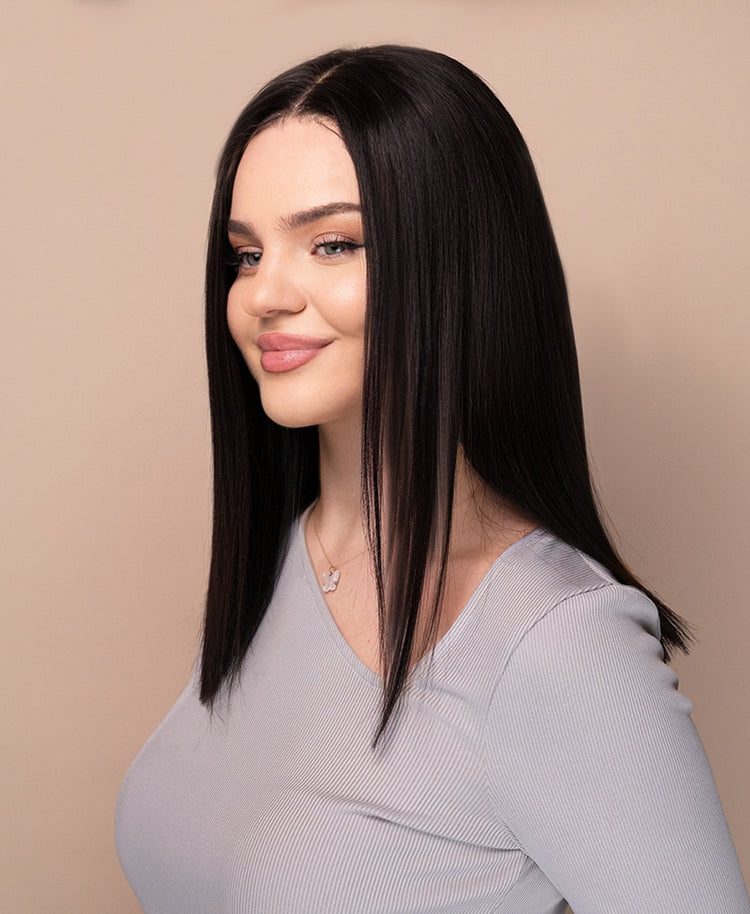 put on & go pre-cut lace long bob human wig - 14" natural black.