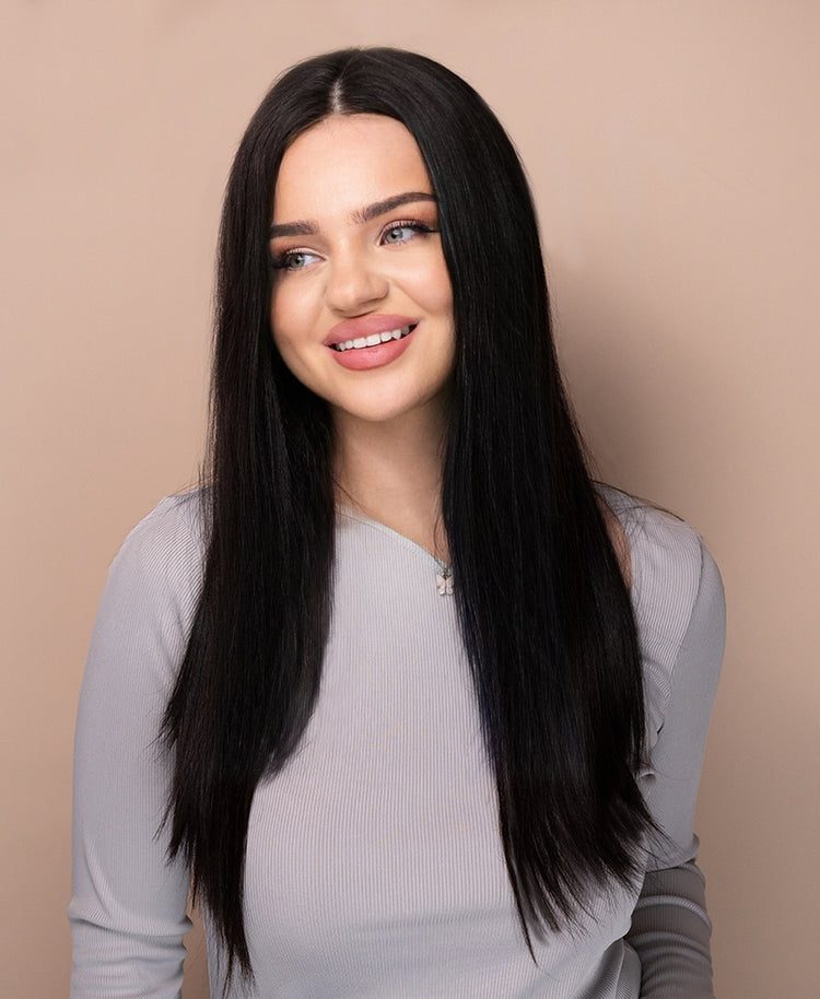 put on & go pre-cut lace straight human wig - 20" natural black.