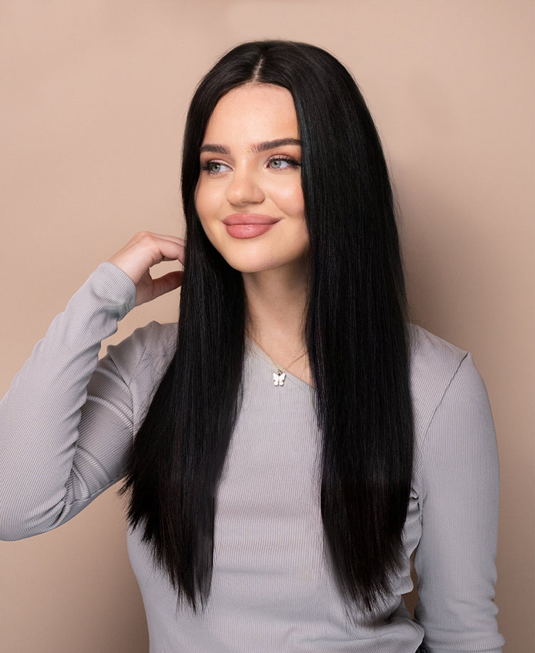 put on & go pre-cut lace straight human wig - 20" natural black.