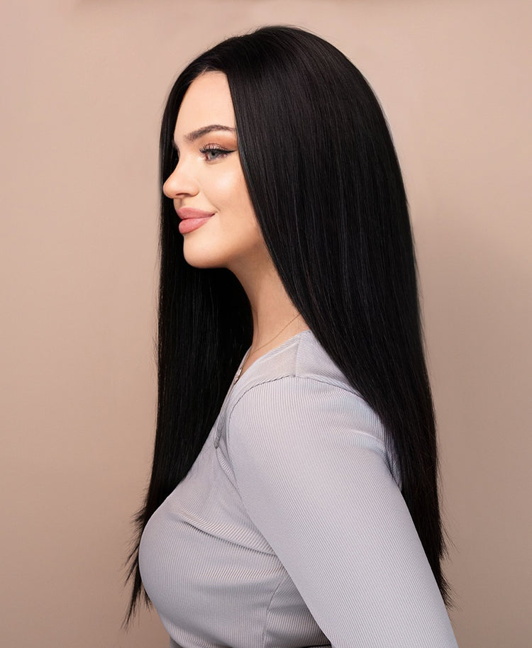 put on & go pre-cut lace straight human wig - 20" natural black.