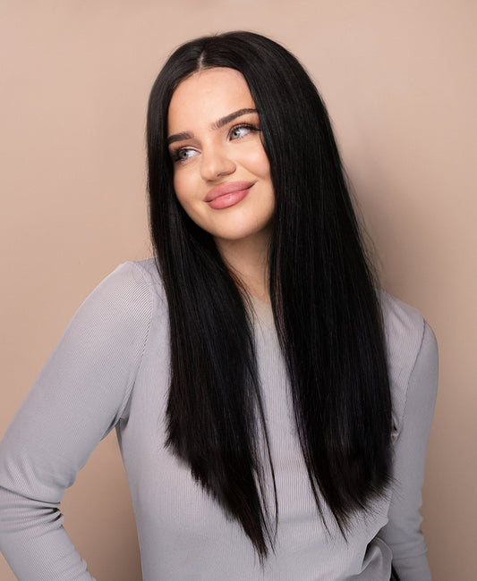 put on & go pre-cut lace straight human wig - 20" natural black.