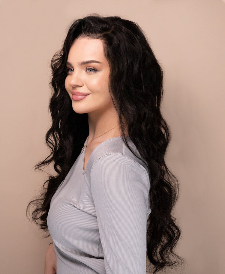 put on & go pre-cut lace wavy human wig - 28" natural black.