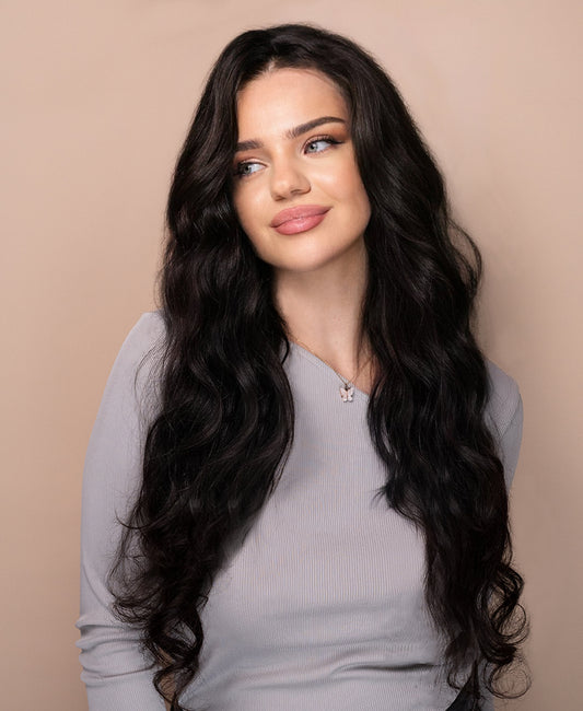 put on & go pre-cut lace wavy human wig - 28" natural black.