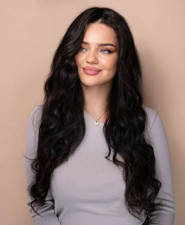 put on & go pre-cut lace wavy human wig - 28" natural black.