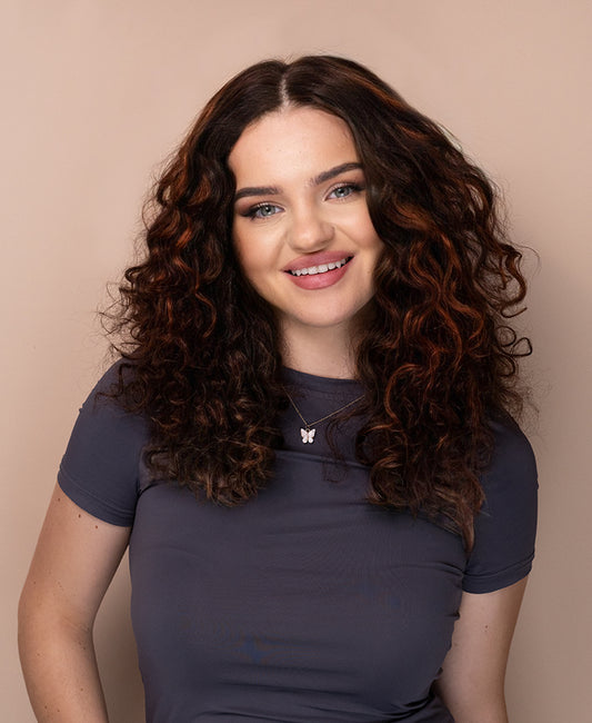 front lace human wig - 16" curly brown with highlights.
