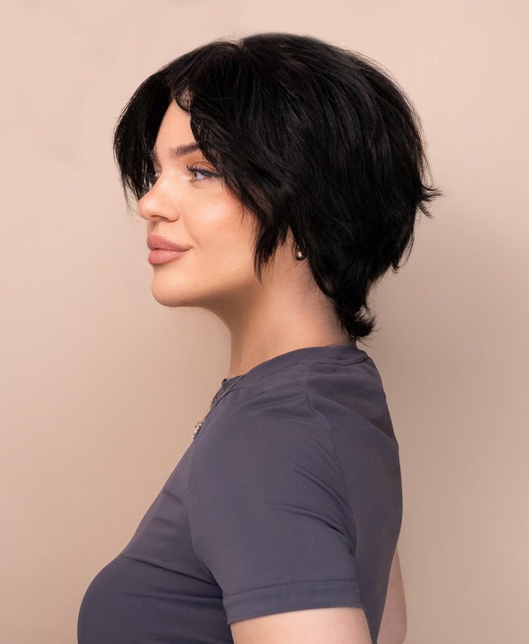 layered front lace human wig - 8" natural black.