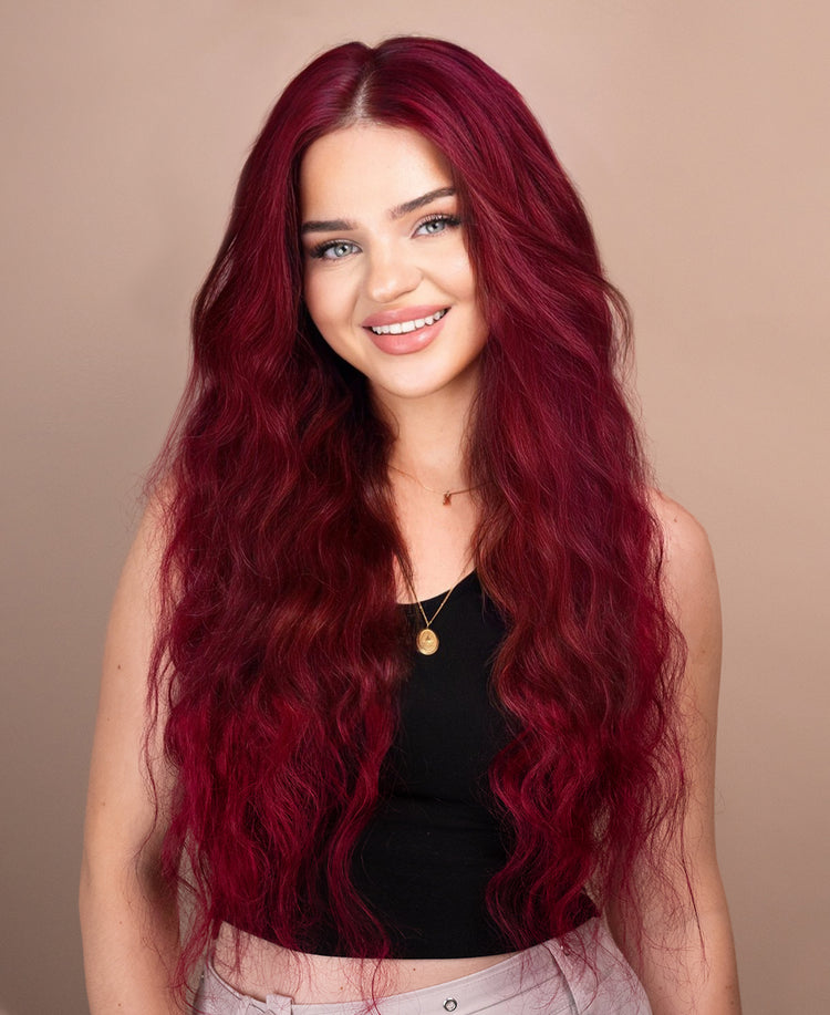 front lace human wig wavy 13x4 - 30" cherry red