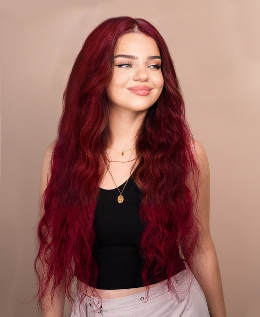 front lace human wig wavy 13x4 - 30" cherry red