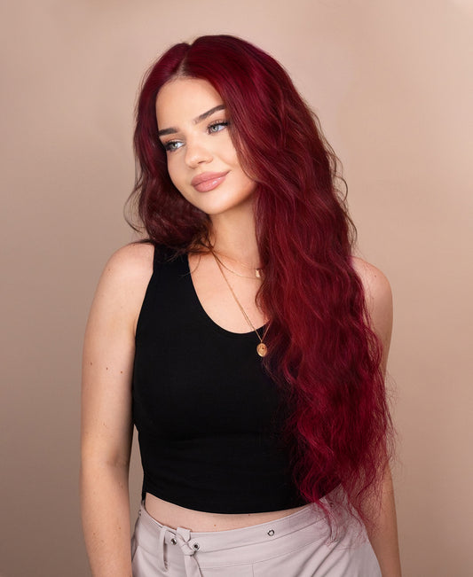 lace front human wig wavy 13x4 - 30" cherry red