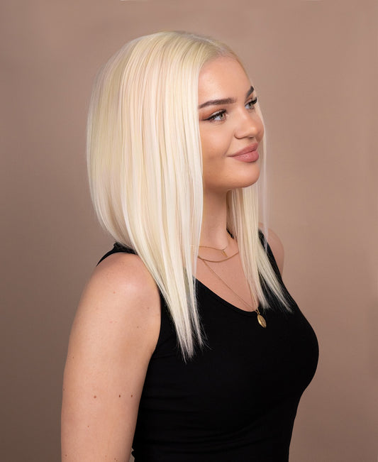 put on & go pre-cut lace human wig - 14" light blonde.