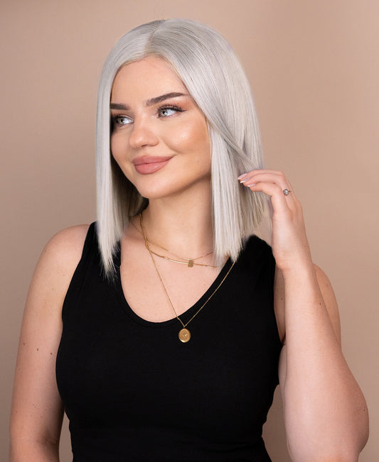 put on & go pre-cut lace human wig - 10" silver grey.