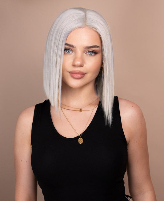 put on & go pre-cut lace human wig - 10" silver grey.