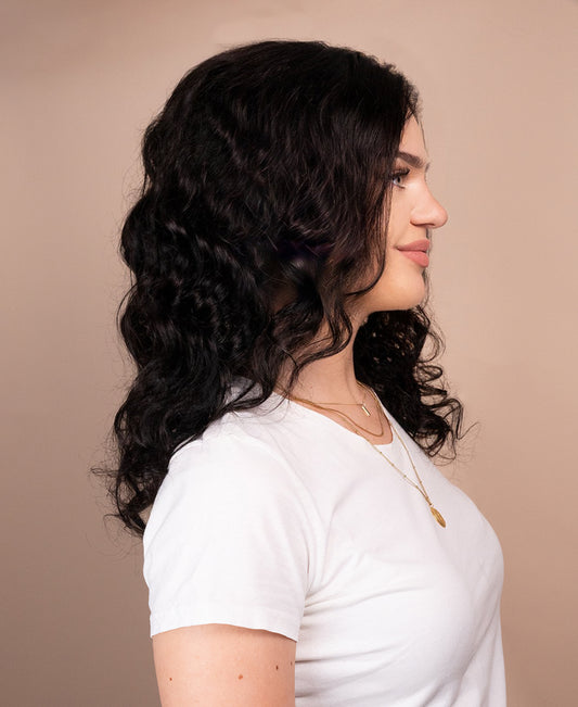 put on & go pre-cut lace curly human wig - 18" natural black.