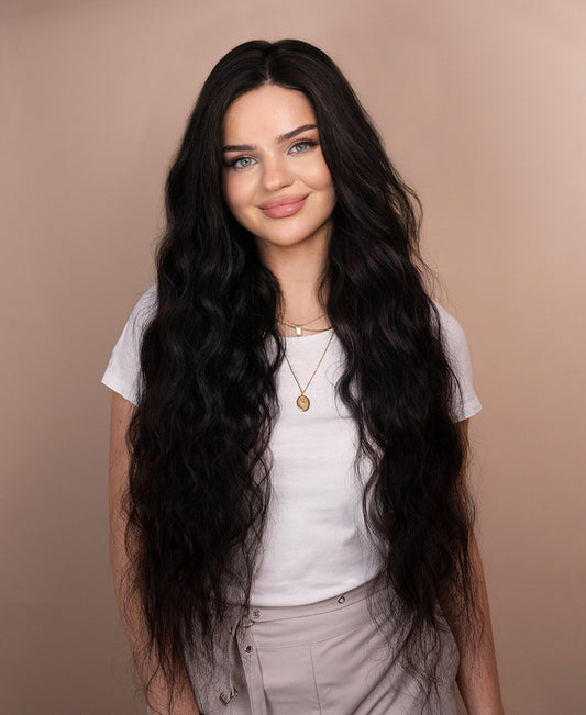 lace front human wig wavy 5x5 - 32" natural black