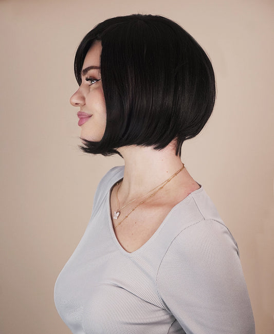 vegan fiber bob with side bangs wig 10" black.