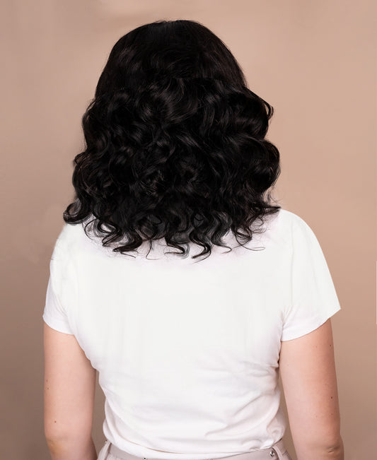 put on & go pre-cut lace curly human wig - 14" natural black.