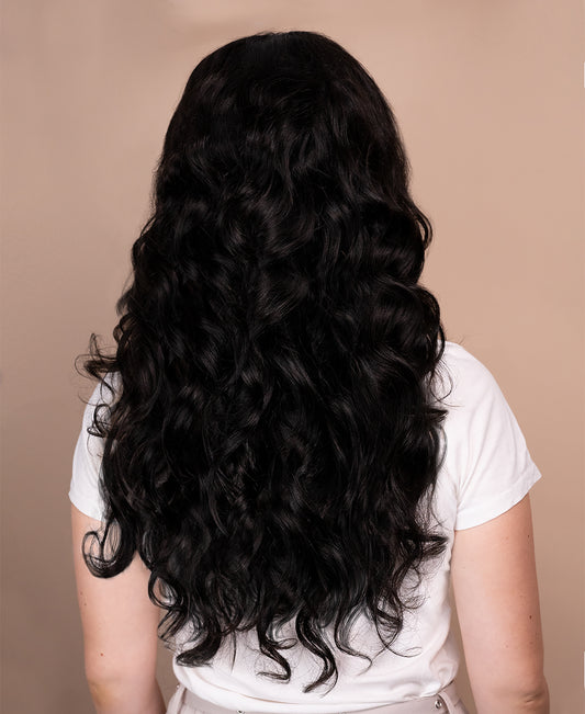 put on & go pre-cut lace curly human wig - 24" natural black.