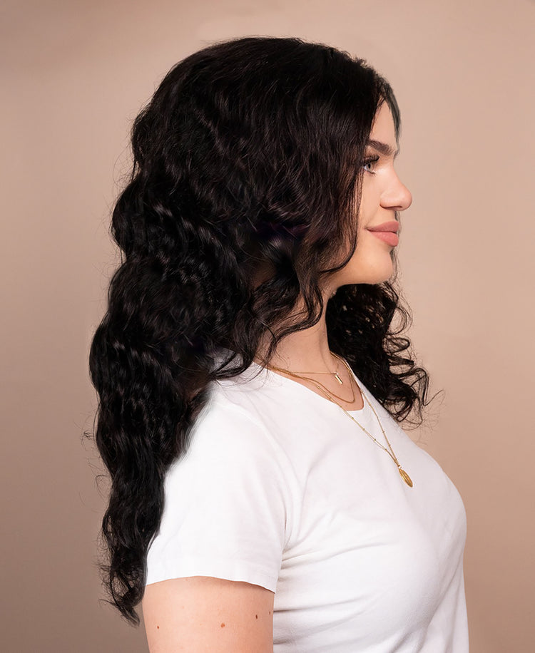 put on & go pre-cut lace curly human wig - 24" natural black.