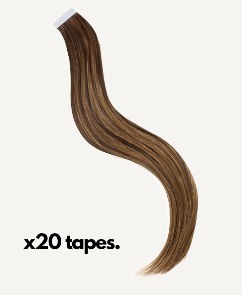 tape-in hair extensions #6-16 caramel balayage.