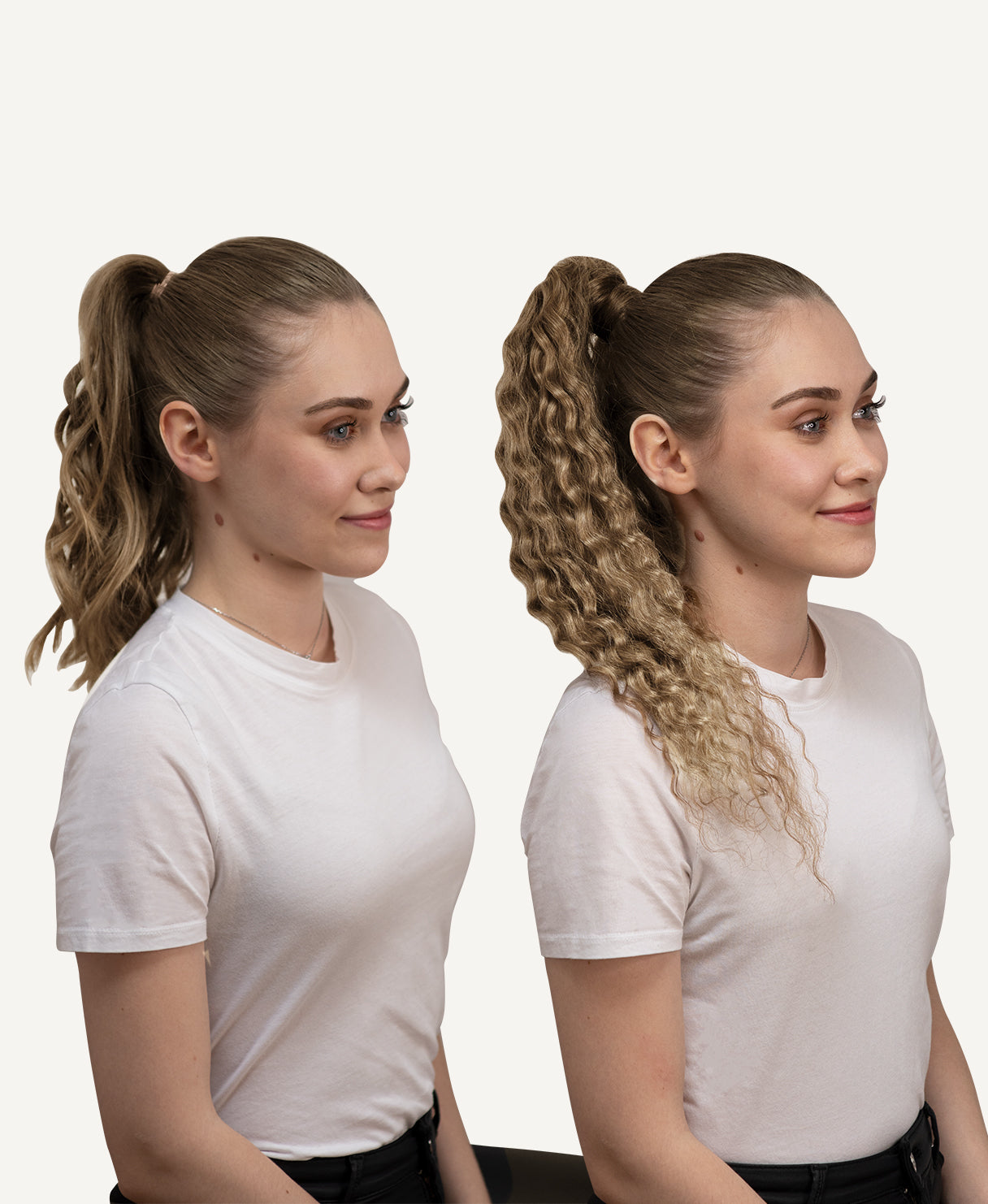 model wearing curly blonde ponytail